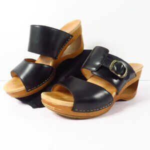 Dansko Tawny Black Waxy Calf Leather Slide Wedge Open Toe Sandals Size 38 US 8
